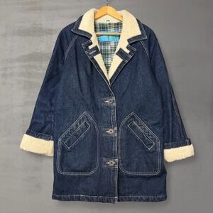 Vintage Out of the Blue Denim Chore Coat Blue Sherpa Flannel Lined Jacket Small
